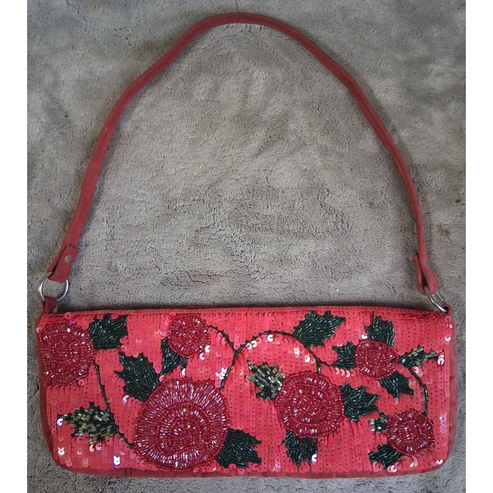Vintage Cache Red Beaded Sequin Rose Floral Baguette Shoulder Bag Y2K Evening